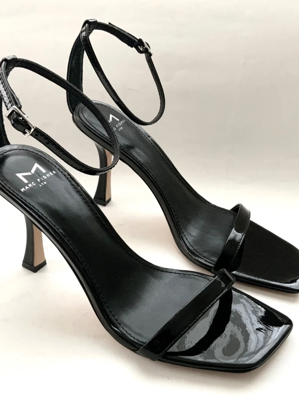 MARC FISHER Jalina Black Patent Leather Square Toe Ankle Strap High Heel Sandals